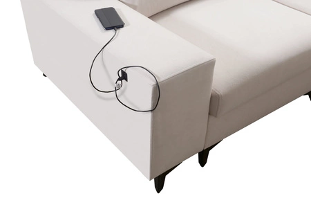 Narożnik z funkcją spania Kelly Sleek czarny prawostronny pleciony komfortowy i funkcjonalny narożnik rozkładany do salonu