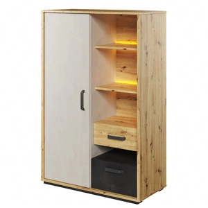 Komoda wysoka Qubic 90 cm dąb artisan / raw steel / silk flou nowoczesna komoda z szufladami wzbogacona o oświetlenie ledowe