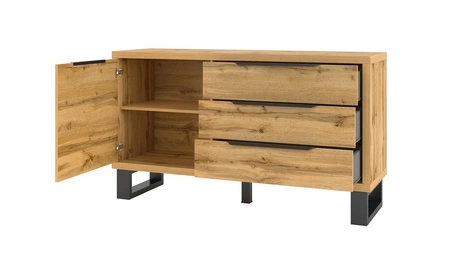 Komoda z szufladami Halle 144 cm dąb wotan funkcjonalna idealna do wnętrz w stylu industrialnym i loftowym stabilna metalowa podstawa