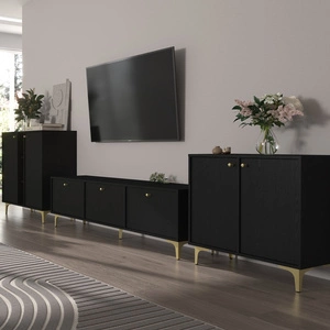 Meblościanka Kioto I czarny grafit stylowy design mebli do salonu elegancka meblościanka wsparta na metalowej złotej podstawie