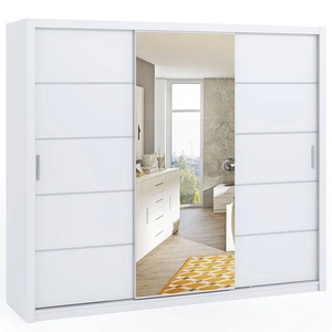 Szafa przesuwna z lustrem Rico 250 cm biała pojemna szafa do sypialni garderoby lub przedpokoju klasyczna forma o geometrycznych kształtach