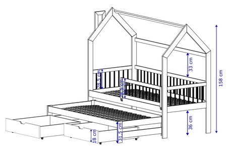 Łóżko dziecięce Dyzio 80x170 cm sosnowe łóżko 2 osobowe wysuwane do pokoju dziecka drewniane łóżko domek z pojemnymi szufladami