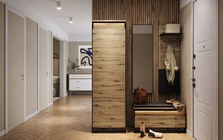 Zestaw mebli do przedpokoju Quant dąb artisan / czarny garderoba do małego przedpokoju meble z subtelnym oświetleniem LED