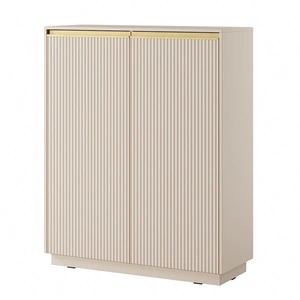 Komoda wysoka Imperial 104 cm beżowa elegancka stylowa komoda o wyjątkowym charakterze z frezowanymi frontami i złotymi uchwytami