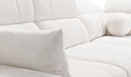 Narożnik z funkcją spania Penejos VII oliwkowy prawostronny stylowy narożnik z pojemnikiem na pościel wygodne regulowane zagłówki