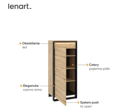 Komoda wysoka Quant 60 cm dąb artisan / czarny nowoczesny design komoda z oświetleniem LED system otwierania drzwi push to open