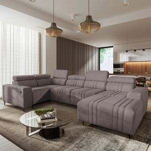 Narożnik z funkcją spania Castel IV szary brąz prawostronny stylowy narożnik z pojemnikami na pościel i regulowanymi zagłówkami