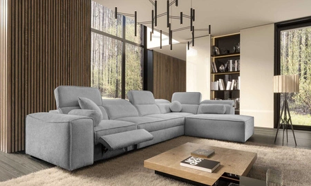 Narożnik z funkcją spania Viano XI Lux jasny szary prawostronny designerski narożnik z wysuwanym podnóżkiem i pojemnikiem na pościel
