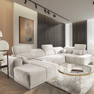 Narożnik z funkcją spania Cetara VI kremowy lewostronny komfortowy i stylowy narożnik rozkładany z przesuwanymi oparciami