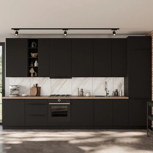 Zestaw mebli kuchennych Alatri Bl 390 cm stylowe szafki kuchenne z frontami wykonanymi w technologii anti fingerprint metalowe uchwyty