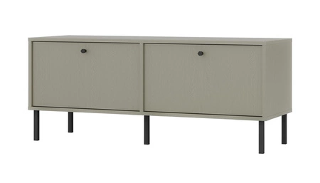 Szafka RTV Kioto II 121 cm eukaliptus elegancka szafka z drzwiami otwieranymi do dołu stonowana kolorystyka czarna metalowa podstawa
