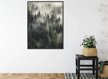 Plakat górski las we mgle 70x100 plakat w ramie precyzyjny wydruk ze stylową grafiką doskonała dekoracja do salonu lub sypialni