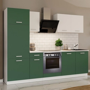 Zestaw mebli kuchennych z blatem Toni 260 cm biały / pastelowy zielony meble doskonale prezentują się w nowoczesnych wnętrzach