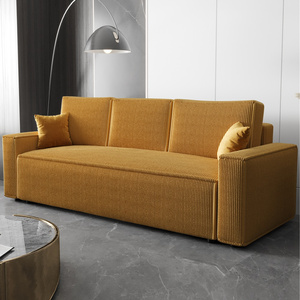 Kanapa rozkładana Nelo miodowa prosta forma sofy w nowoczesnym designie sztruksowa tkanina obiciowa pojemnik na pościel