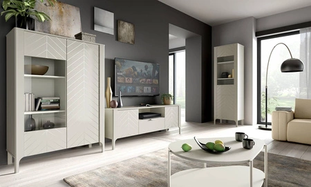 Szafka RTV Malumi 160 cm beżowa stylowy design ozdobny wzór jodełki na frontach minimalistyczny metalowy uchwyt wysoka podstawa