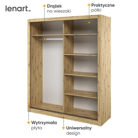 Szafa przesuwna z lustrem Arti 180 cm dąb artisan pojemna szafa do przedpokoju drzwi szafy wykończone lustrami w ciekawej konfiguracji