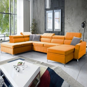 Narożnik z funkcją spania Rava VI żółty prawostronny praktyczny i nowoczesny narożnik wyposażony w wielofunkcyjną lampkę