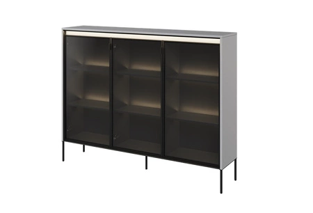Komoda Trend 150 cm szara designerski przeszklony front klimatyczne oświetlenie w postaci paska led pod górnym blatem