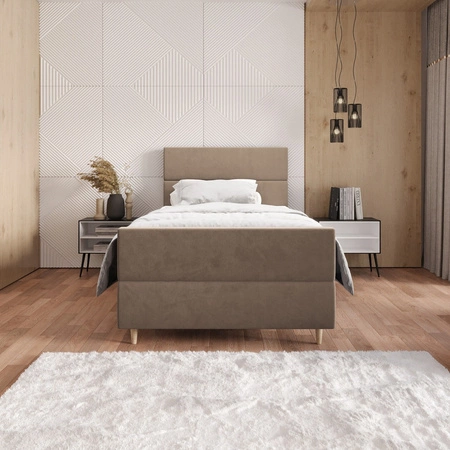 Łóżko kontynentalne Benet 100x200 jasny brąz w nowoczesnym skandynawskim stylu z tapicerowanym zagłówkiem oraz zanóżkiem łóżko z pojemnikiem