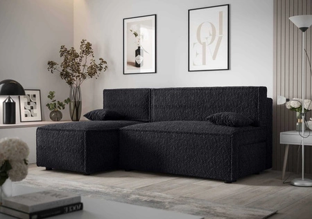 Narożnik z funkcją spania Brandon czarny lewostronny miękka tkanina o charakterystycznej pętelkowej powierzchni pojemnik na pościel