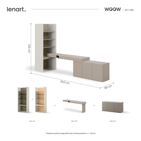 Zestaw mebli Woow clay grey / szampański / eukaliptus prawy stylowy zestaw mebli młodzieżowych o nowoczesnym i praktycznym designie