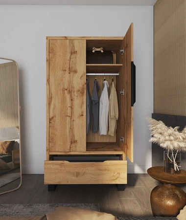 Szafa Halle 99 cm dąb wotan stylowy design klasyczna forma szafy do sypialni lub garderoby pojemne szuflady uchwyty krawędziowe