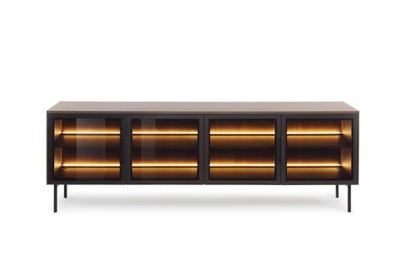 Szafka RTV Lumi 181 cm dąb dunin designerska stylistyka szafki pod telewizor z przeszklonymi frontami i klimatycznym oświetleniem ledowym