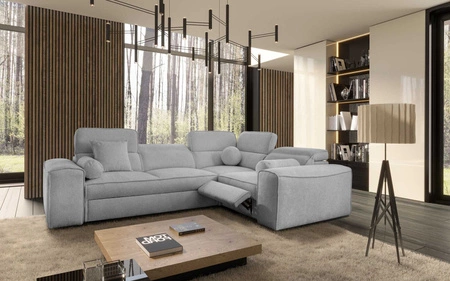 Narożnik z funkcją spania Viano II Lux jasny szary prawostronny designerski narożnik do salonu z komfortowym wysuwanym podnóżkiem