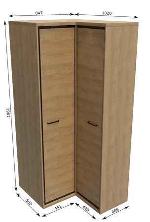 Szafa narożna Mediolan hikora gustowny design szafy wzbogacony o stylowe czarne dodatki idealna szafa do sypialni lub garderoby