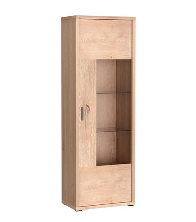 Witryna Grand 68 cm dąb cremona elegancka i funkcjonalna witryna z zaoblonymi detalami elementy z bezpiecznego szkła metalowy uchwyt