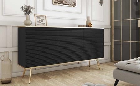 Komoda Luxury 160 cm czarna elegancki design stylowe ryflowane fronty korpus komody zwieńczony złotą listwą złote metalowe nogi
