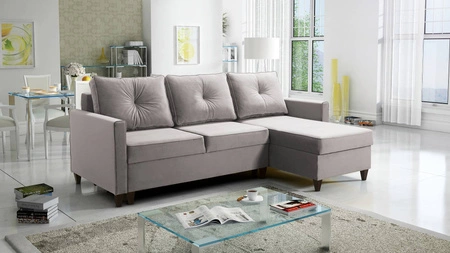 Narożnik z funkcją spania Terni szary popiel prawostronny praktyczny i funkcjonalny narożnik wyposażony w pojemne pojemniki na pościel