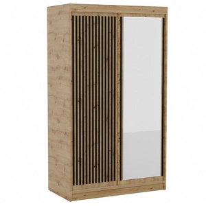 Szafa przesuwna z lustrem Delia 120 cm dąb artisan / czarny stylowa szafa z lamelami w kolorze drewna wpasuje się do każdej aranżacji