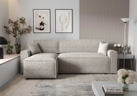 Narożnik z funkcją spania Brandon Bis kremowy lewostronny miękka tkanina o charakterystycznej pętelkowej powierzchni pojemnik na pościel