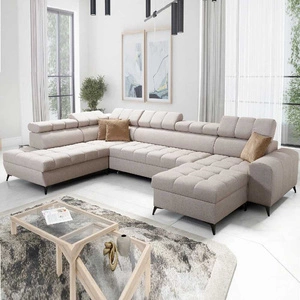 Narożnik z funkcją spania Bolmso VI beżowy prawostronny wygodny narożnik z regulowanymi zagłówkami dekoracyjne pikowania na siedzisku