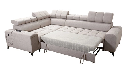 Narożnik z funkcją spania Bolmso II brązowy lewostronny narożnik z pojemnikiem na pościel szuflada z pełnym wysuwem w boczku mebla