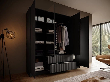 Szafa z lustrem Norel 200 cm grafitowa stylowa szafa o nowoczesnym designie z ryflowanymi frontami i pojemnymi szufladami