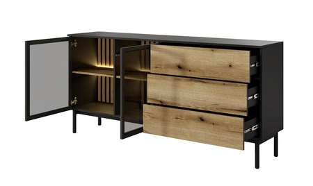 Komoda z szufladami Clovis 180 cm czarny / dąb evoke nietuzinkowy design komody z przeszklonymi frontami systemem push to open
