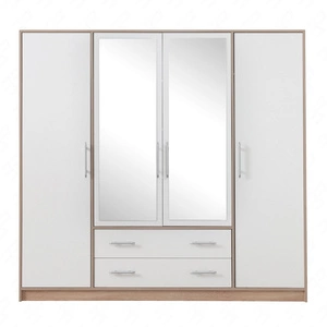 Szafa z lustrem Caspe 200 cm dąb sonoma jasny / biała nowoczesny design wykończenie ABS oraz aluminiowe uchwyty