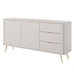 Komoda z szufladami Lante 163 cm beżowa gustowna komoda z ryflowanymi frontami wsparta na wysokich skośnych nogach stylowe uchwyty