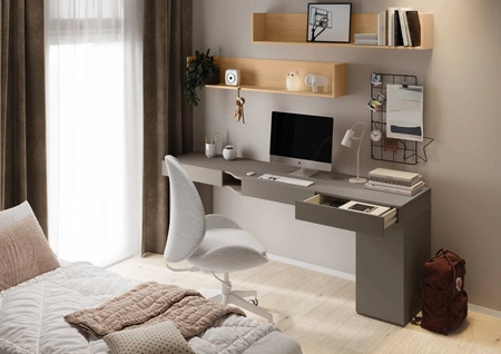 Biurko z kontenerkiem Woow 211 cm clay grey prawe funkcjonalne biurko młodzieżowe z możliwością obustronnego montażu