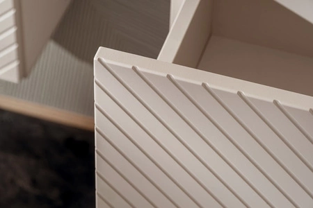 Zestaw mebli łazienkowych Viva beżowy / dąb coast evoke stylowe szafki z ciekawym frezowaniem w kształcie jodełki modna kolorystyka