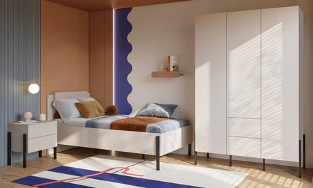 Szafa Jukon S 139 cm beżowa elegancka forma mebla w nowoczesnym stylu system otwierania push to open metalowe czarne nogi pojemne szuflady