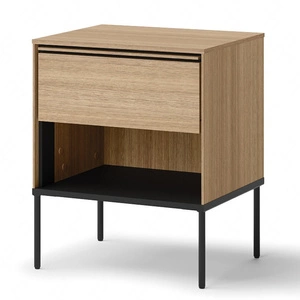 Szafka nocna Visso dąb linearny elegancka i stylowa szafka z szufladą do sypialni w stylu minimalistycznym stabilna metalowa podstawa
