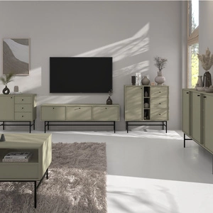 Zestaw mebli do salonu Kioto III eukaliptus stylowy design eleganckie meble wsparte na metalowym czarnym stelażu subtelne uchwyty