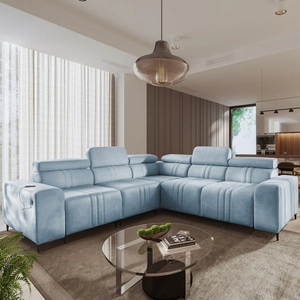 Narożnik z funkcją spania Castel III błękitny lewostronny narożnik z dwoma pojemnikami na pościel regulowane zagłówki