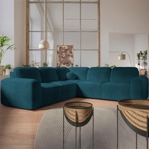 Narożnik z funkcją spania Arbon III turkusowy lewostronny wyjątkowo stylowy narożnik z pojemnikiem na pościel unikalny obły kształt