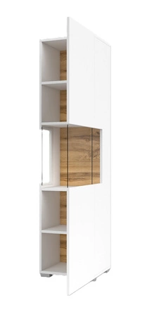 Witryna Ava 36 cm biała / dąb wotan elegancka witryna do salonu z możliwością powieszenia prosta bryła idealna do każdego wnętrza