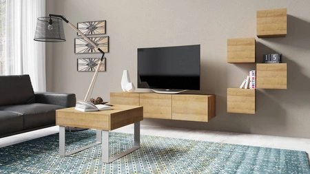 Szafka RTV Apulia 150 cm dąb złoty z możliwością podwieszenia minimalistyczny design prosta bryła wpisująca się w każde wnętrze