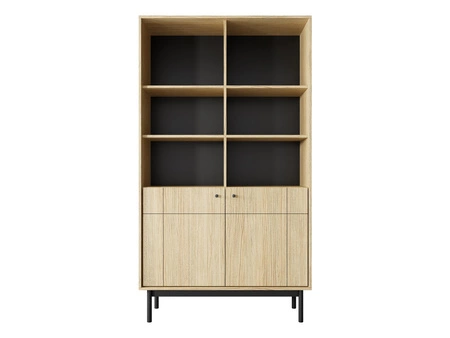 Regał Modesta 104 cm dąb linea prosta bryła w stonowanej kolorystyce subtelne metalowe uchwyty regał z drzwiami w stylu japońskim